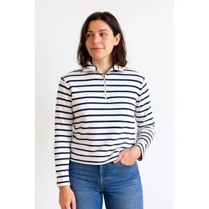 LL Bean Women S Cream Blue Stripe 1/4 Zip Mock Neck Fisherman Knit Sweater‎